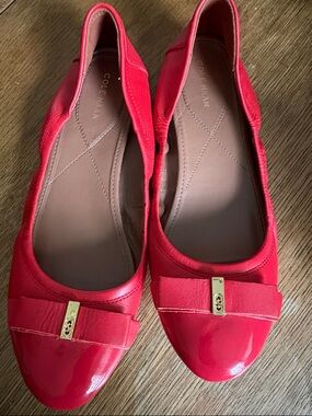 Cole Haan Red Patent & Fabric Bow Flats with Gold Accent